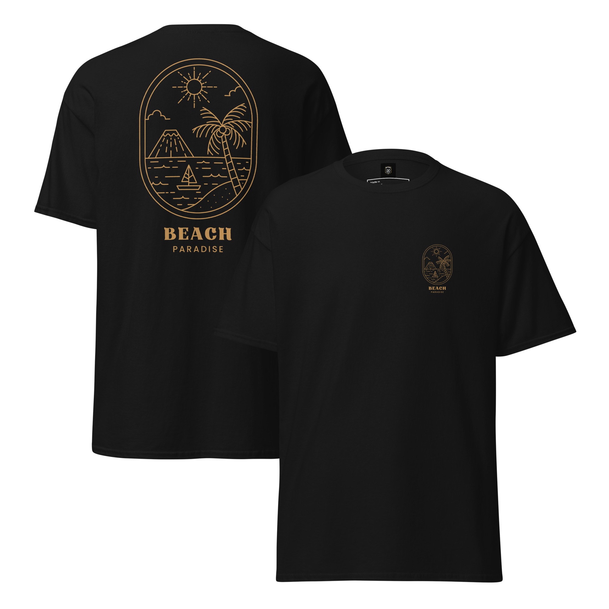 Beach Paradise Graphic Tee - Gold Outline Design for Ultimate Comfort