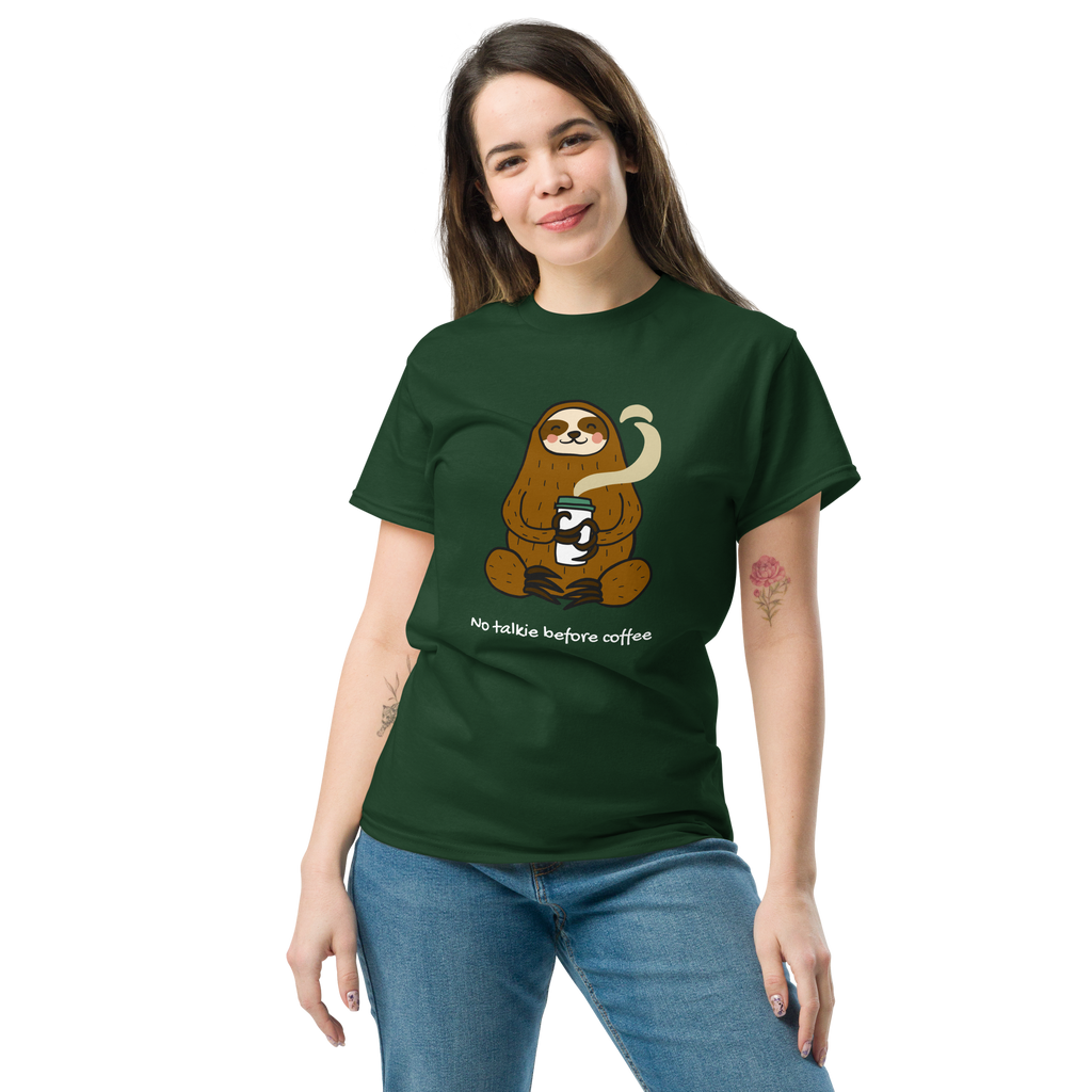 No Talkie Before Coffee Tee - Sloth Graphic T-Shirt for Coffee Lovers