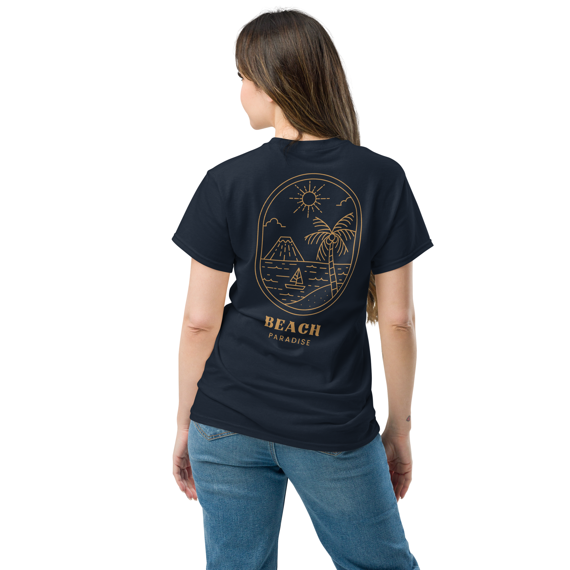 Beach Paradise Graphic Tee - Gold Outline Design for Ultimate Comfort