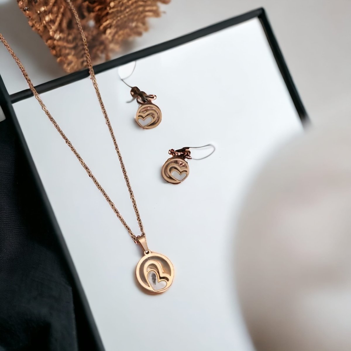 White Enamel Minimalistic Heart Pendant Necklace and Earring Set