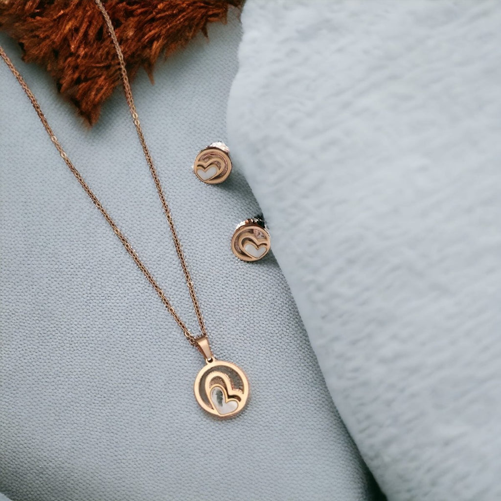White Enamel Minimalistic Heart Pendant Necklace and Earring Set