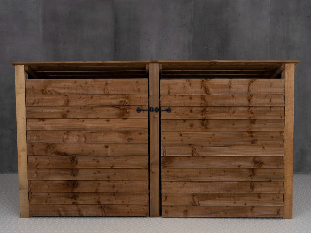 Wooden Log Store (Roof Sloping Back) with Doors and Shelf W-227cm, H-126cm or 180cm, D-88cm - Brown Finish