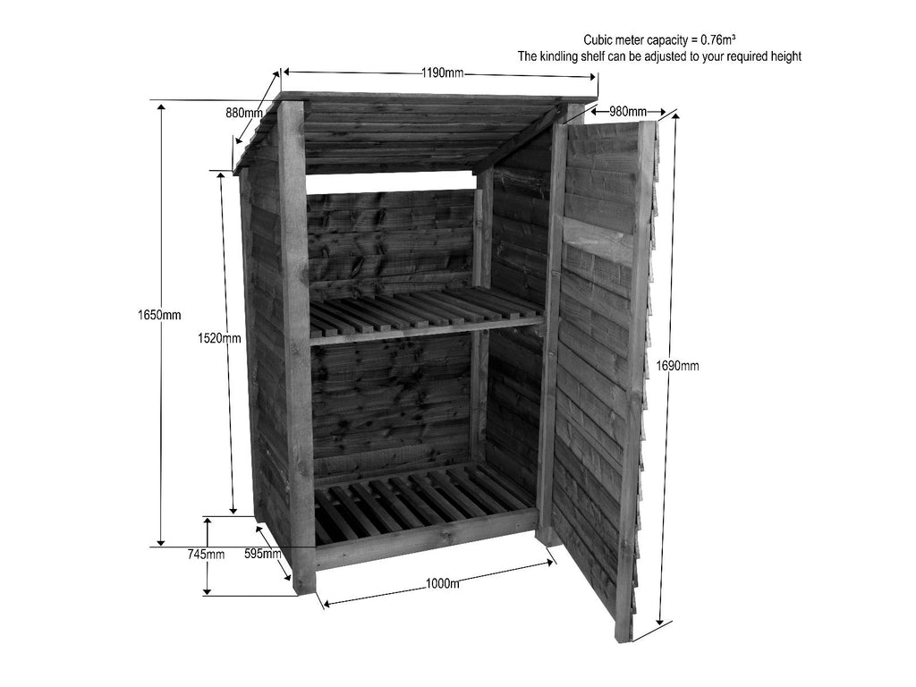 Wooden Log Store (Roof Sloping Back) with Door and Shelf W-119cm, H-126cm Or 180cm, D-88cm