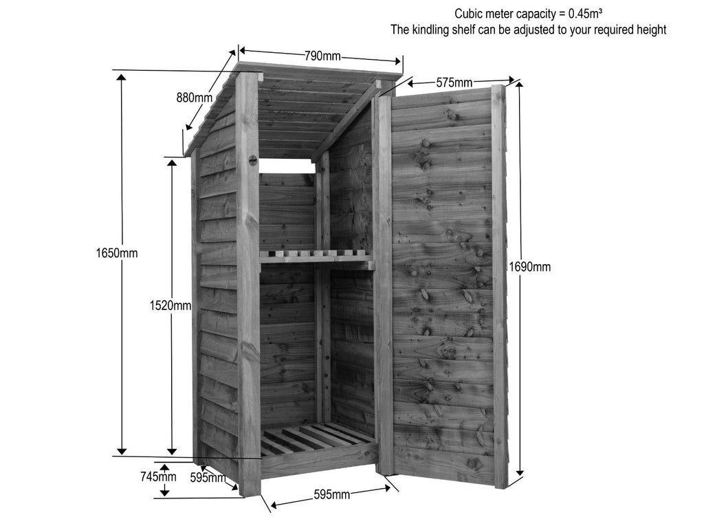 Wooden Log Store with Door and Shelf (Roof Sloping Back) W-79cm, H-126cm or 180cm, D-88cm