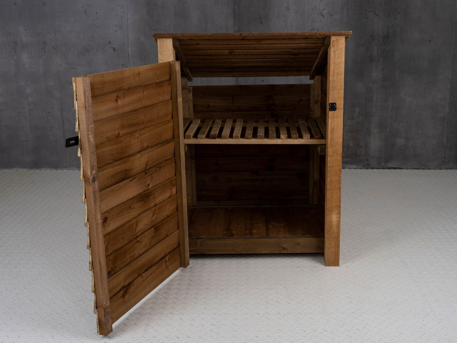 Wooden Garden Tool Storage with Shelf (Roof Sloping Back) W-99cm, H-126cm or 180cm, D-88cm - Brown Finish