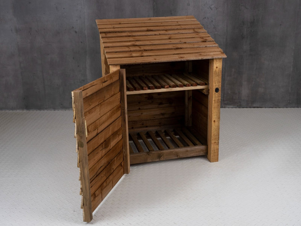 Wooden Log Store with Door and Shelf W-99cm, H-126cm Or 180cm, D-88cm - Brown Finish
