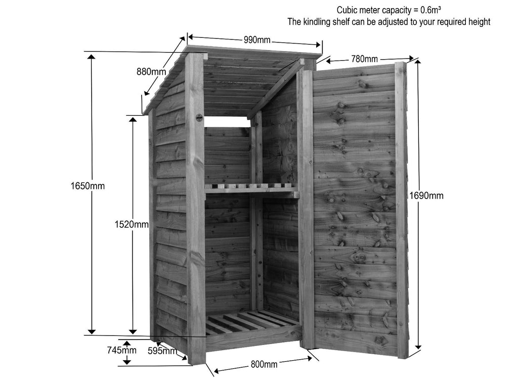 Wooden Log Store with Door and Shelf (Roof Sloping Back) W-99cm, H-126cm Or 180cm, D-88cm