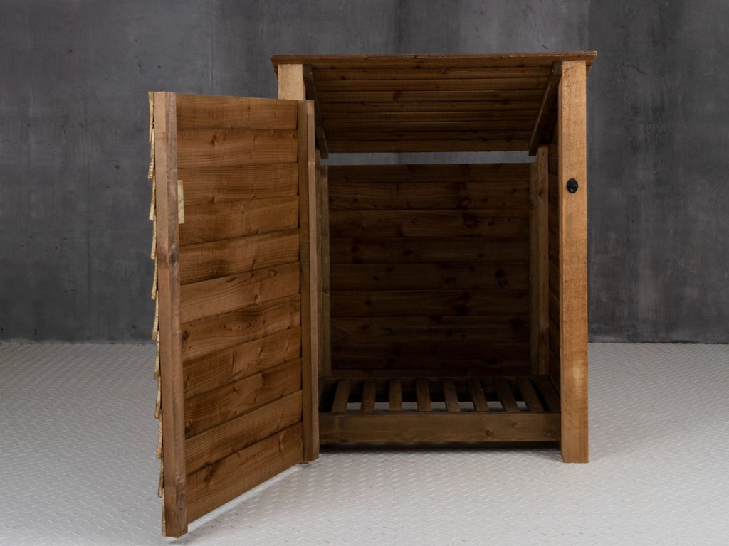 Wooden Log Store with Door (Roof Sloping Back) W-99cm, H-126cm Or 180cm, D-88cm - Brown Finish
