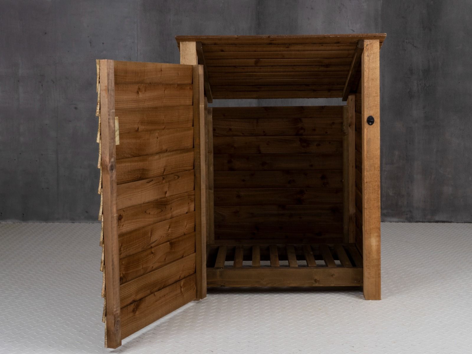 Wooden Log Store with Door (Roof Sloping Back) W-99cm, H-126cm Or 180cm, D-88cm - Brown Finish