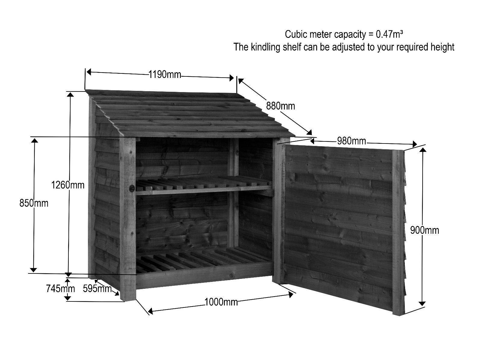 Wooden Log Store with Door and Shelf W-119cm, H-126cm or 180cm, D-88cm - Brown Finish