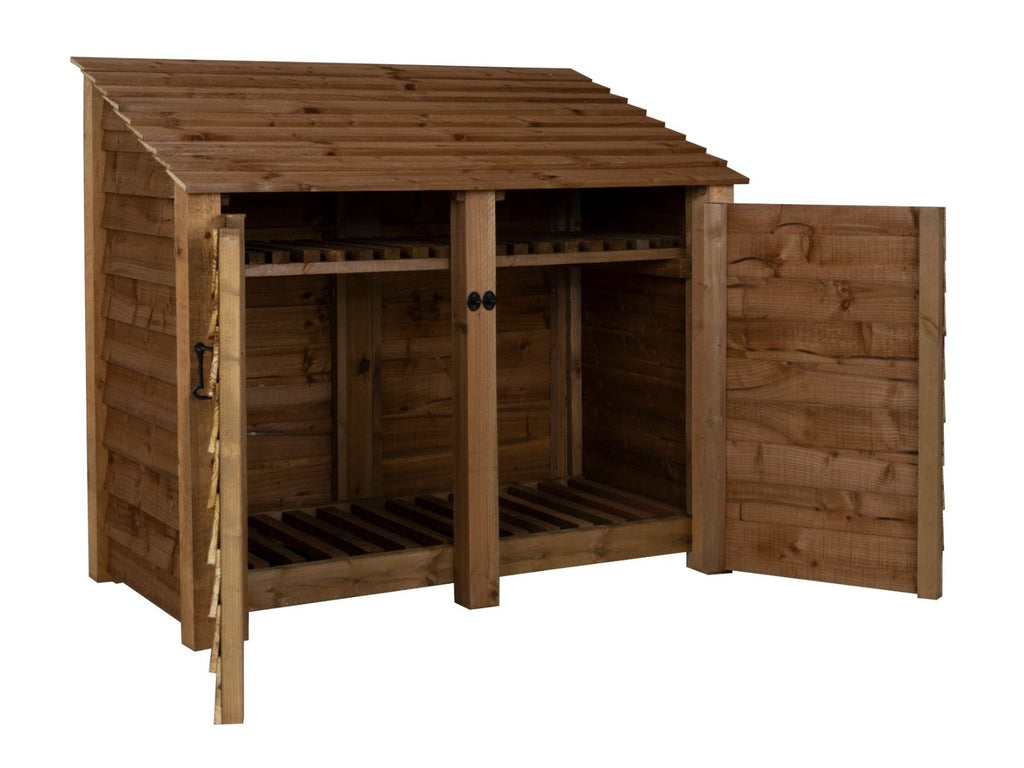 Wooden Log Store with Door and Shelf W-146cm, H-126cm or 180cm, D-88cm - Brown Finish