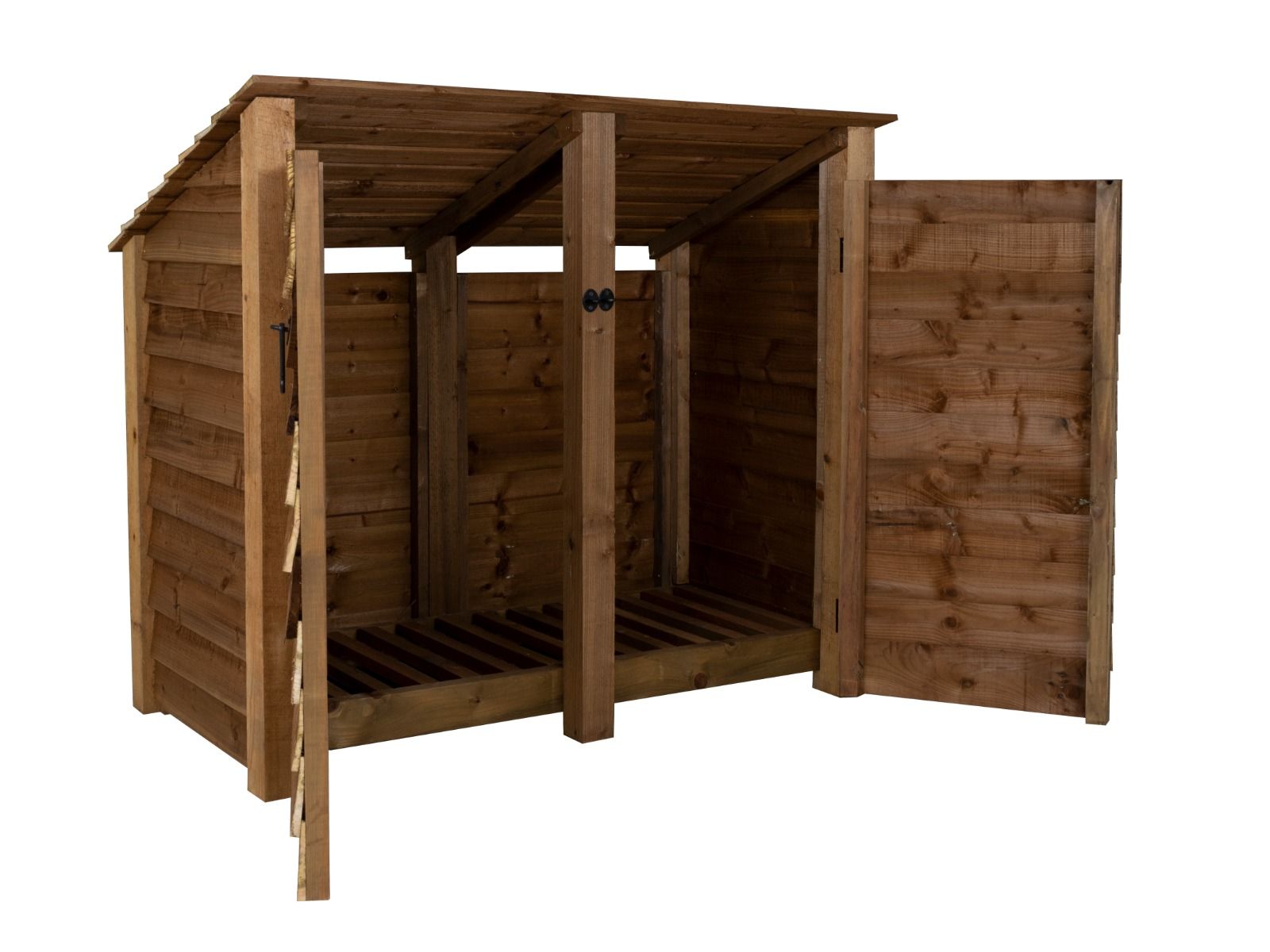 Wooden Log Store (Roof Sloping Back) with Door W-146cm, H-126cm or 180cm, D-88cm - Brown Finish