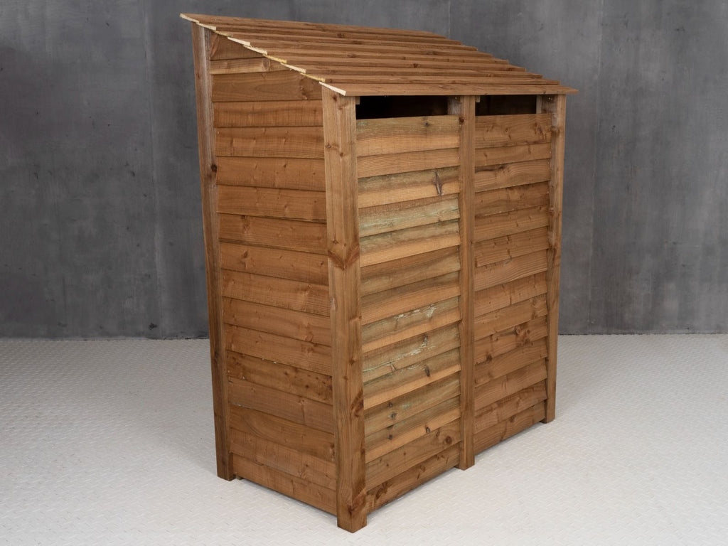 Wooden Log Store (Roof Sloping Back) with Door and Shelf W-146cm, H-126cm or 180cm, D-88cm - Brown Finish