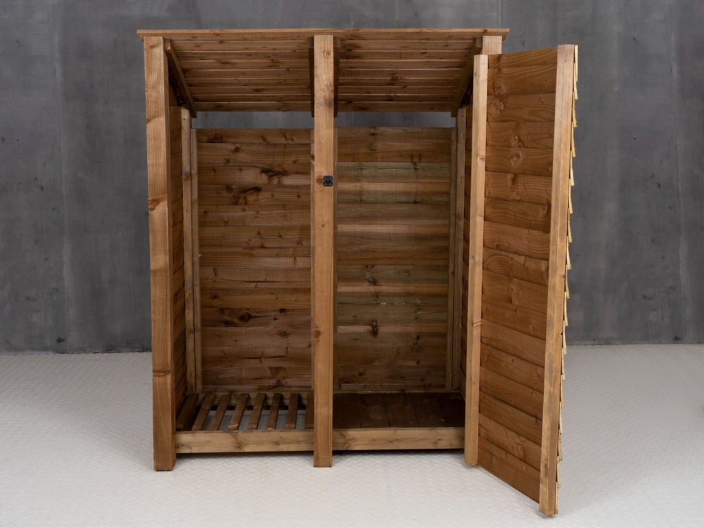 Wooden Garden Tool Storage (Roof Sloping Back) W-146cm, H-126cm or 180cm, D-88cm - Brown Finish
