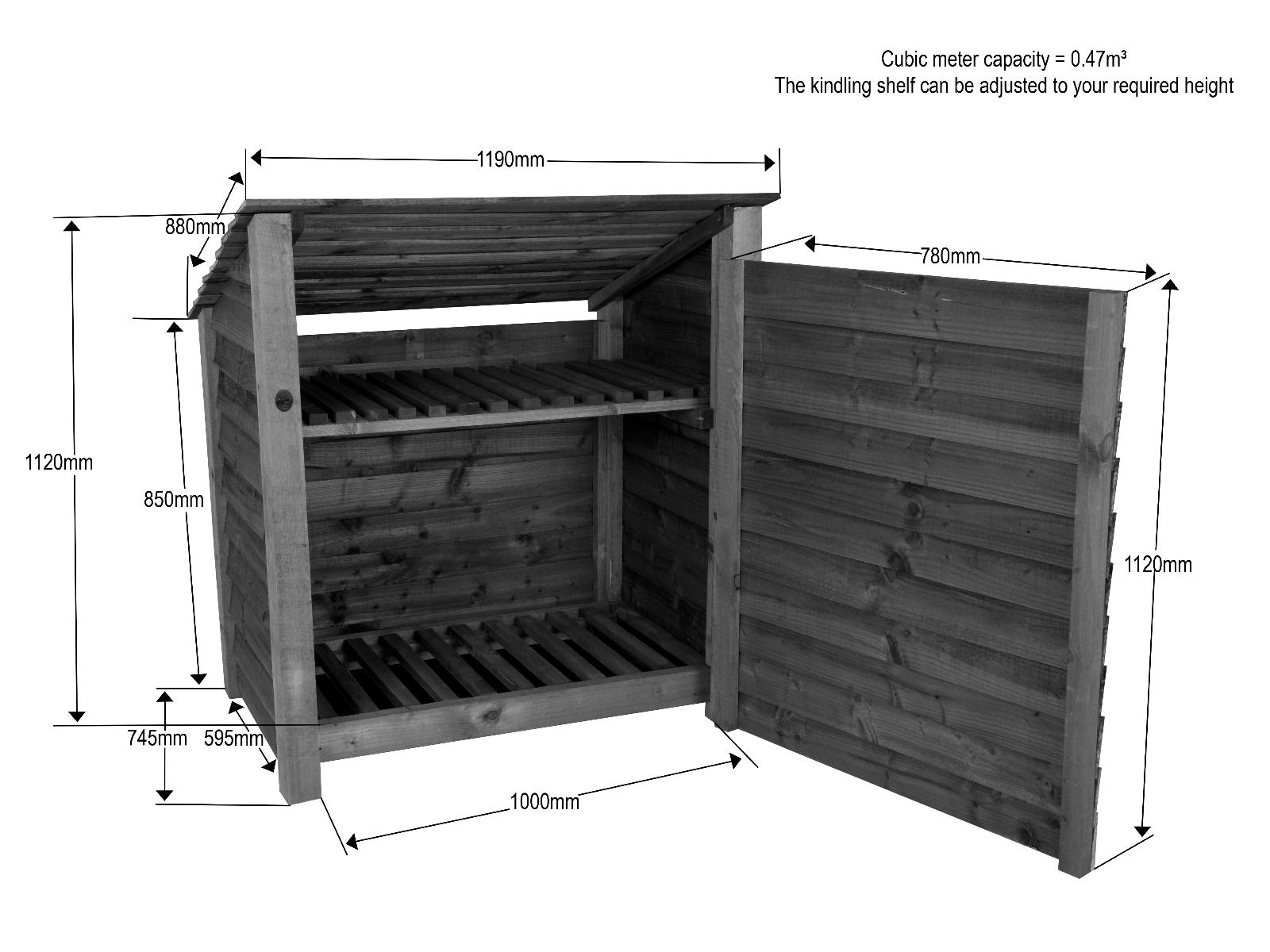 Wooden Log Store (Roof Sloping Back) with Door and Shelf W-119cm, H-126cm Or 180cm, D-88cm