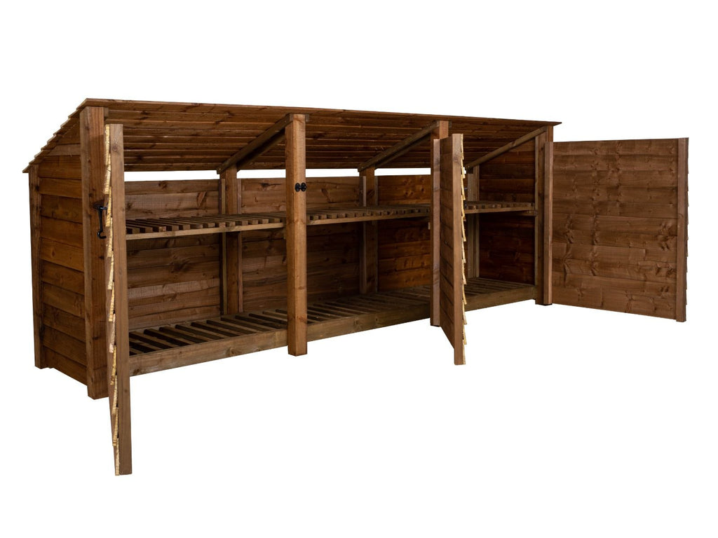 Wooden Log Store (Roof Sloping Back) with Doors and Shelf W-335cm, H-126cm or 180cm, D-88cm - Brown Finish