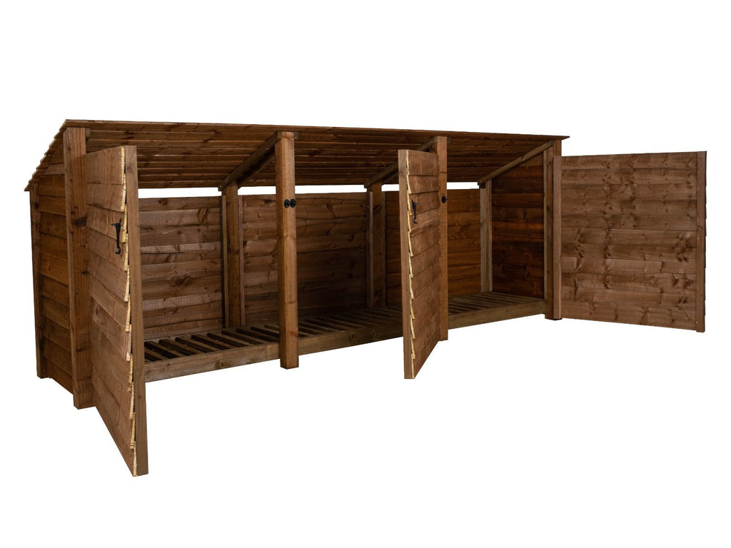 Wooden Log Store (Roof Sloping Back) with Doors W-335cm, H-126cm or 180cm, D-88cm - Brown Finish