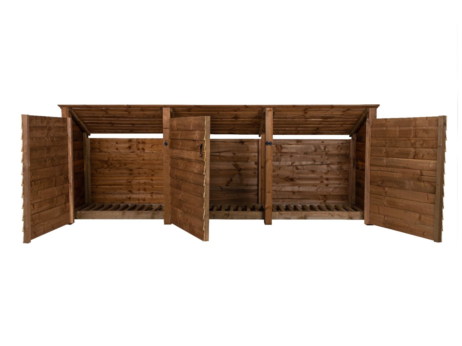 Wooden Log Store (Roof Sloping Back) with Doors W-335cm, H-126cm or 180cm, D-88cm - Brown Finish