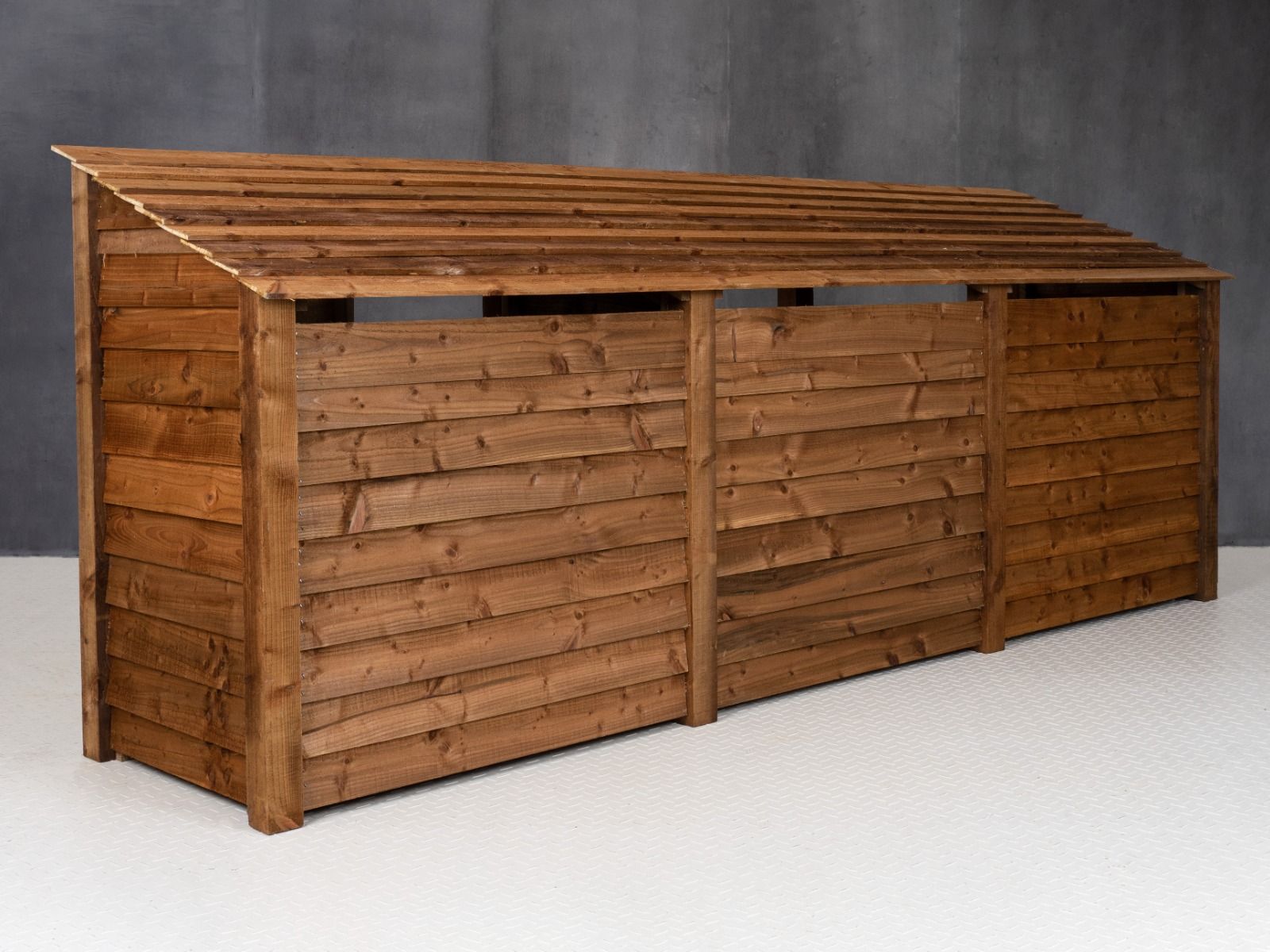 Wooden Log Store (Roof Sloping Back) with Shelf W-335cm, H-126cm or 180cm, D-88cm - Brown Finish