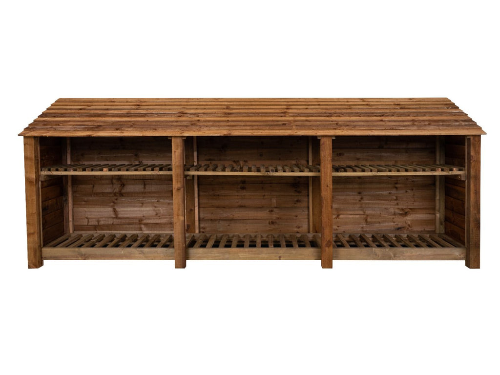 Wooden Log Store with Shelf W-335cm, H-126cm or 180cm, D-88cm - Brown Finish