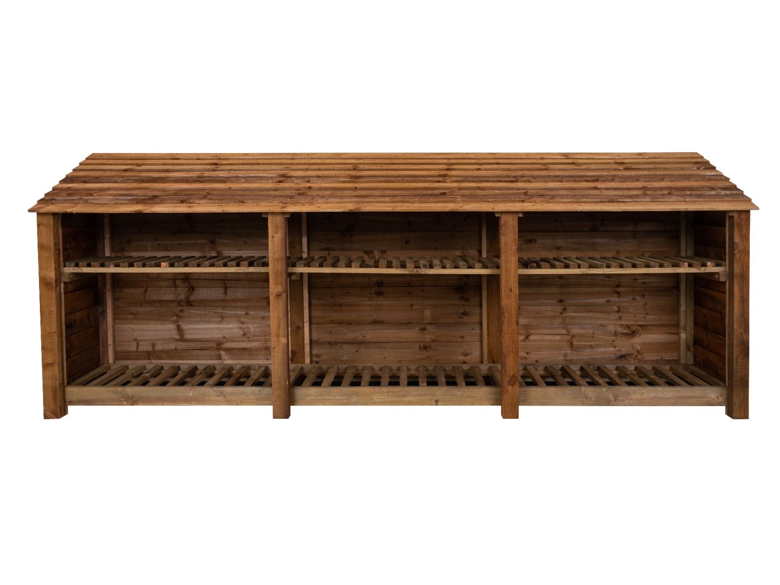 Wooden Log Store with Shelf W-335cm, H-126cm or 180cm, D-88cm - Brown Finish
