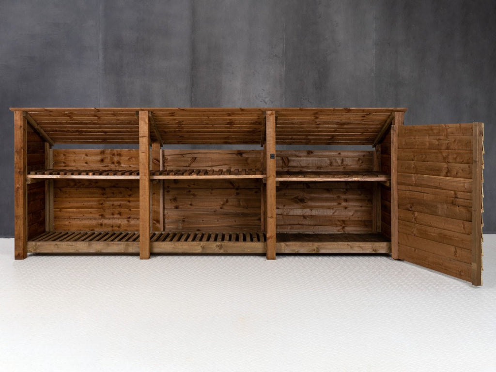 Wooden Garden Tool Storage (Roof Sloping Back) with Shelf W-335cm, H-126cm or 180cm, D-88cm - Brown Finish