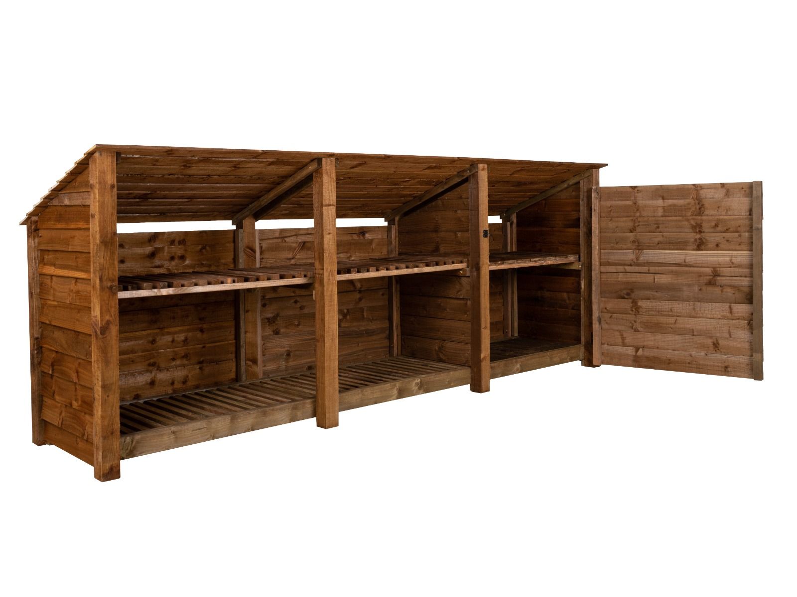 Wooden Garden Tool Storage (Roof Sloping Back) with Shelf W-335cm, H-126cm or 180cm, D-88cm - Brown Finish