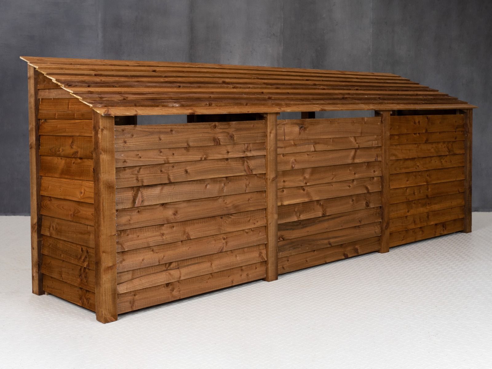 Wooden Garden Tool Storage (Roof Sloping Back) W-335cm, H-126cm or 180cm, D-88cm - Brown Finish
