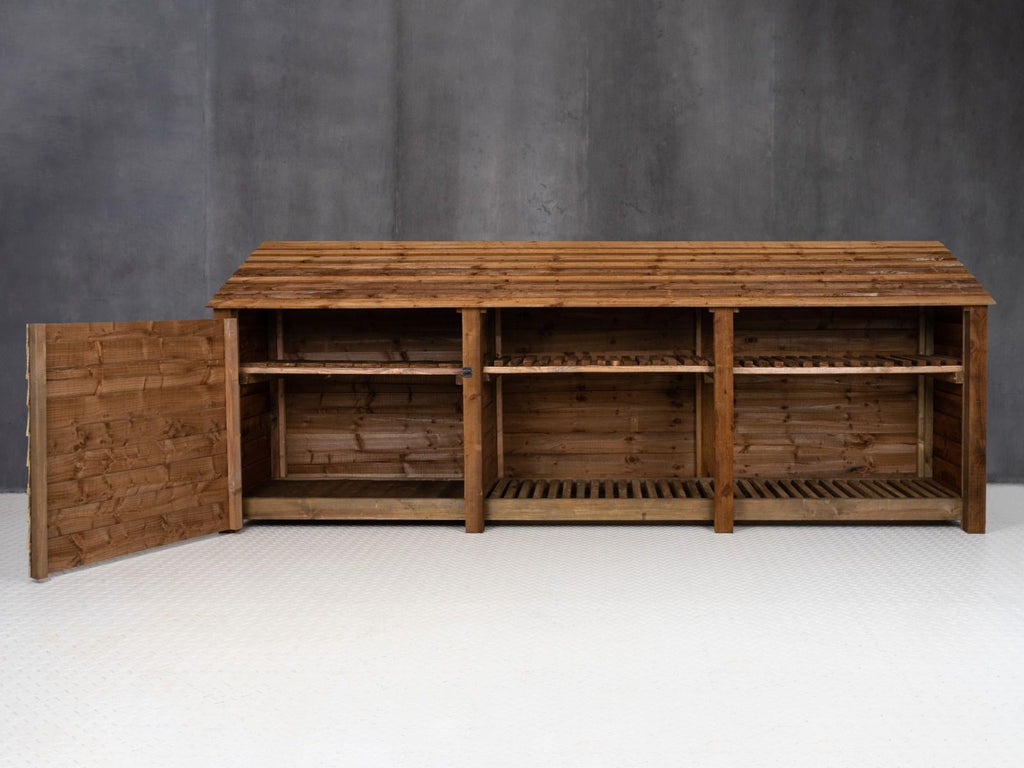 Wooden Garden Tool Storage with Shelf W-335cm, H-126cm or 180cm, D-88cm - Brown Finish
