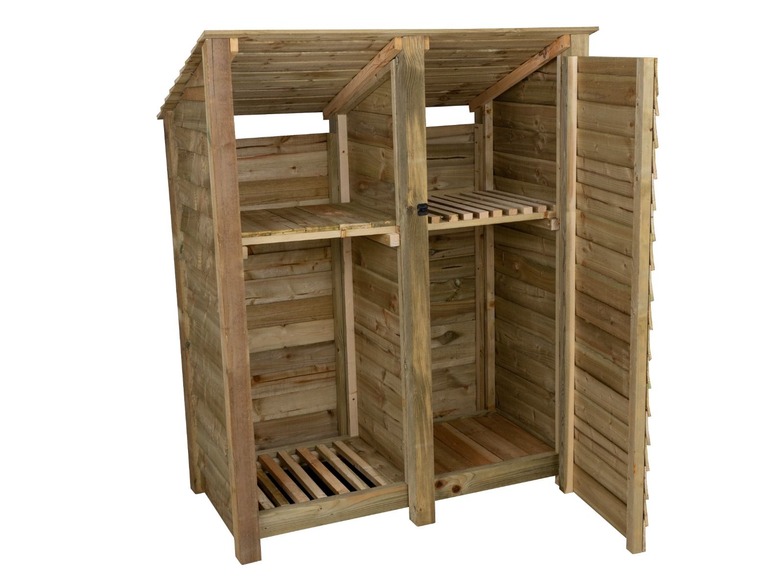 Wooden Garden Tool Storage (Roof Sloping Back) with Shelf W-146cm, H-126cm or 180cm, D-88cm