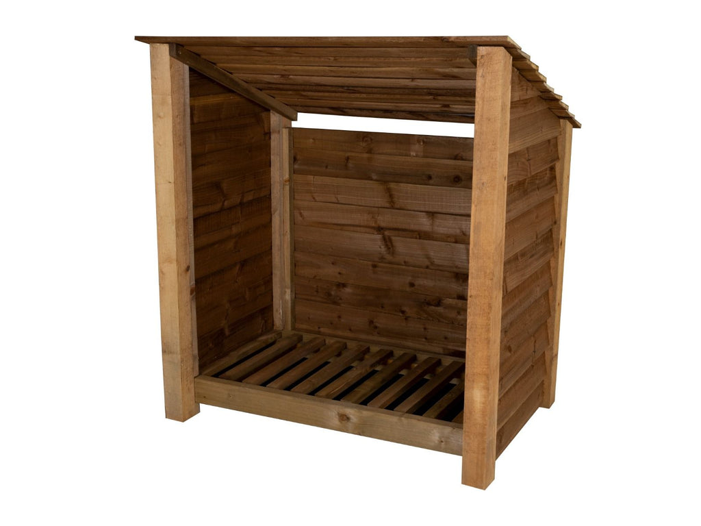 Wooden Log Store (Roof Sloping Back) W-119cm, H-126cm or 180cm, D-88cm - Brown Finish