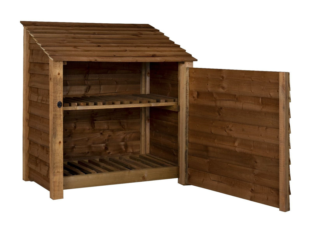 Wooden Log Store with Door and Shelf W-119cm, H-126cm or 180cm, D-88cm - Brown Finish