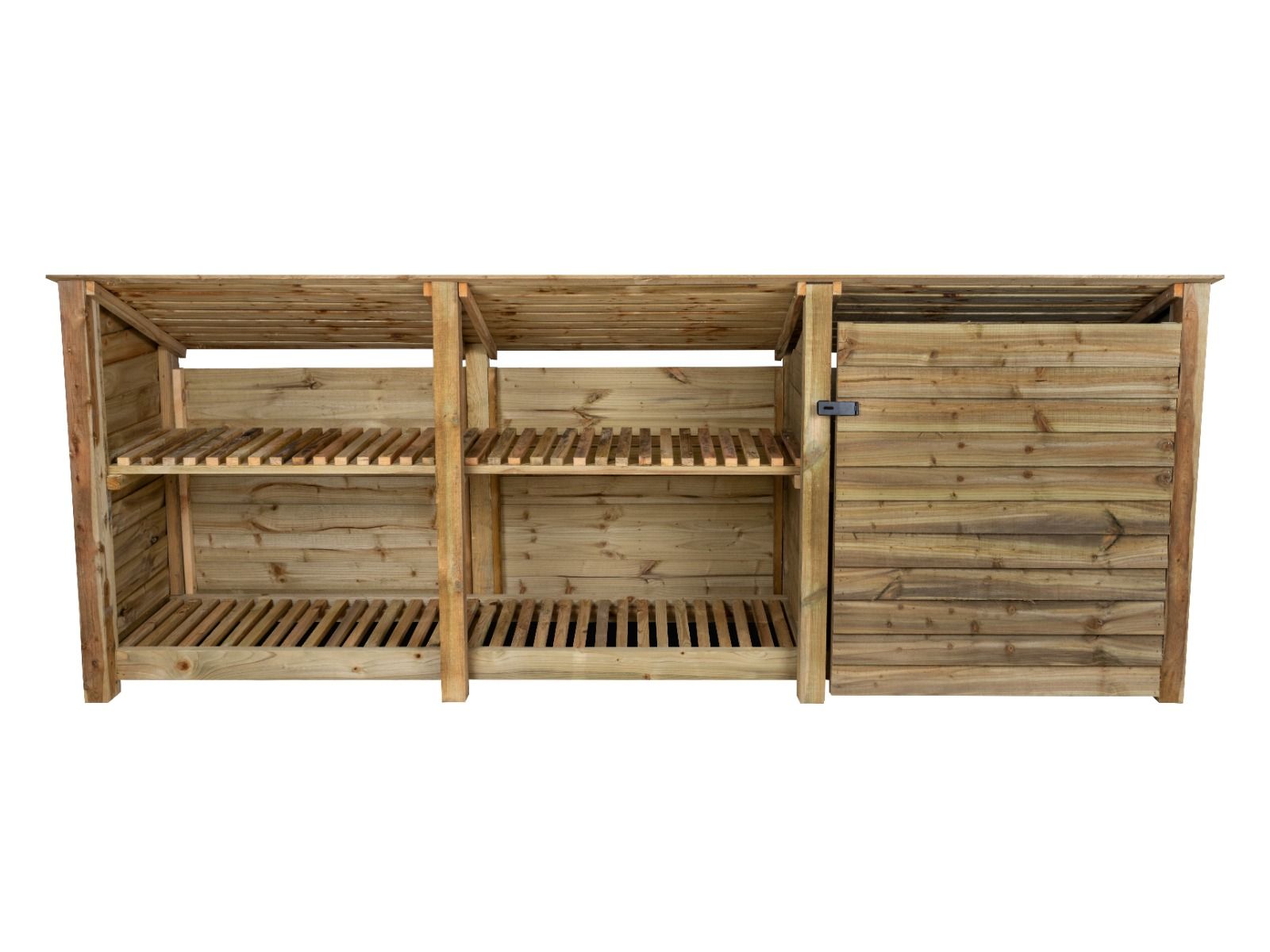 Wooden Garden Tool Storage (Roof Sloping Back) with Shelf W-335cm, H-126cm or 180cm, D-88cm
