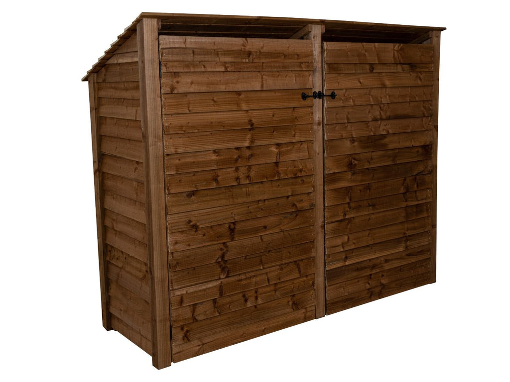 Wooden Log Store (Roof Sloping Back) with Doors and Shelf W-227cm, H-126cm or 180cm, D-88cm - Brown Finish