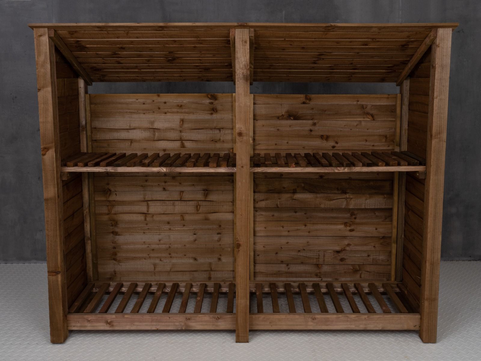 Wooden Log Store (Roof Sloping Back) with Shelf W-227cm, H-126cm or 180cm, D-88cm - Brown Finish