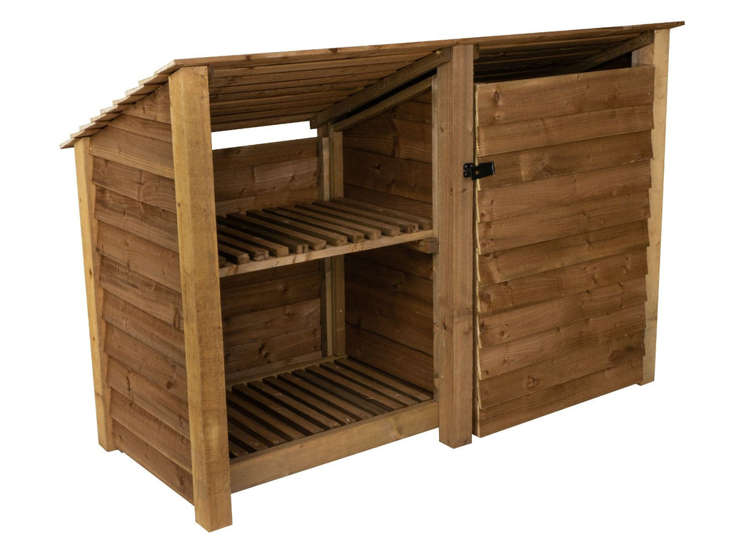 Wooden Garden Tool Storage (Roof Sloping Back) with Shelf W-187cm, H-126cm or 180cm, D-88cm - Brown Finish