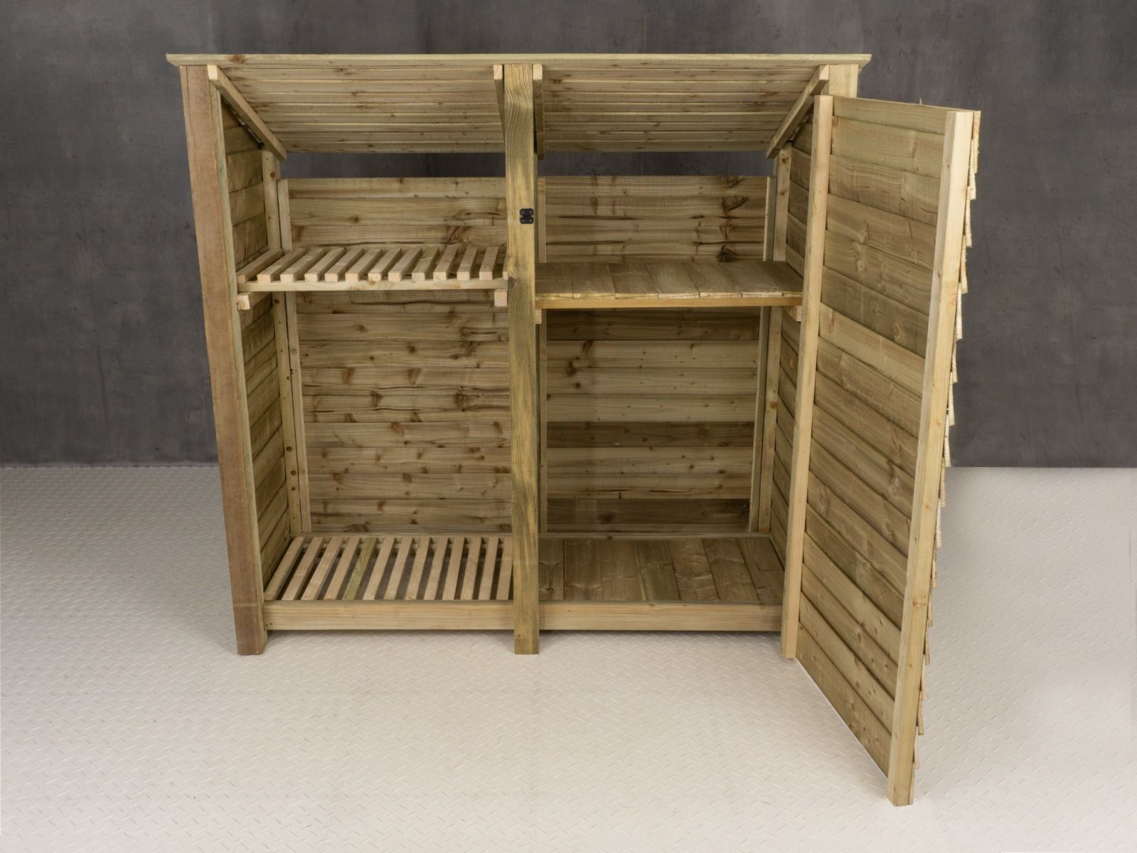 Wooden Garden Tool Storage (Roof Sloping Back) with Shelf W-187cm, H-126cm or 180cm, D-88cm