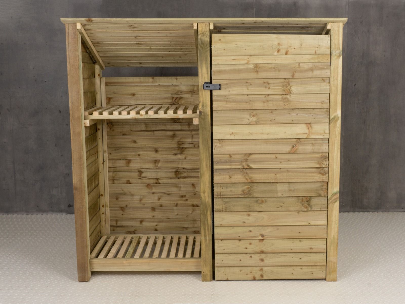 Wooden Garden Tool Storage (Roof Sloping Back) with Shelf W-187cm, H-126cm or 180cm, D-88cm
