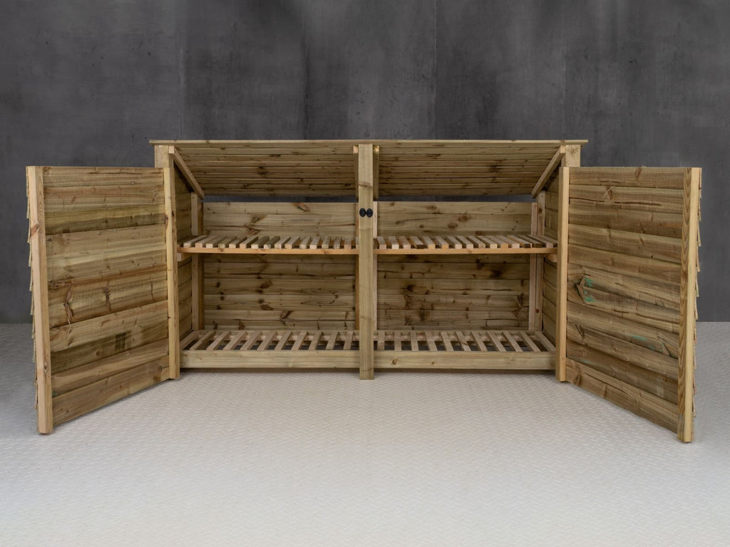 Wooden Log Store (Roof Sloping Back) with Doors and Shelf W-227cm, H-126cm or 180cm, D-88cm