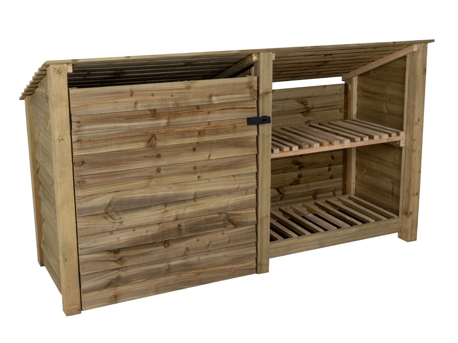 Wooden Garden Tool Storage (Roof Sloping Back) with Shelf W-227cm, H-126cm or 180cm, D-88cm