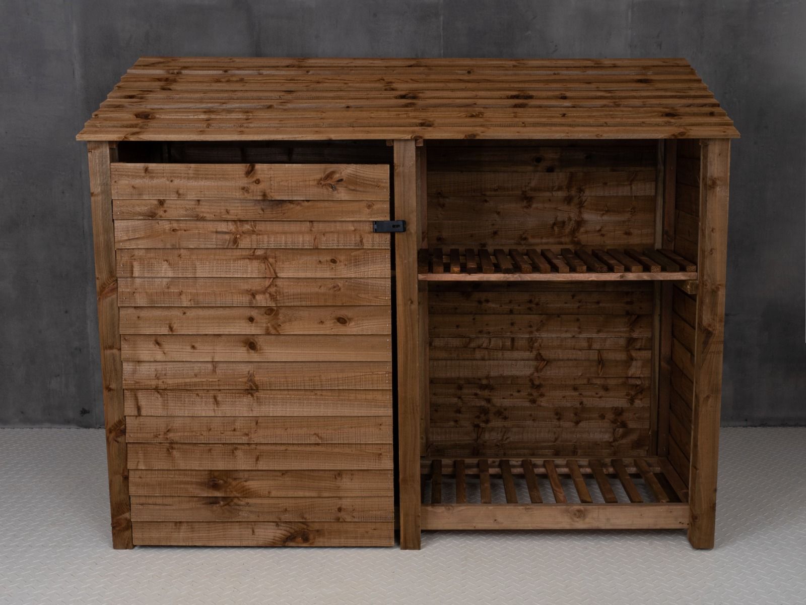 Wooden Garden Tool Storage with Shelf W-227cm, H-126cm or 180cm, D-88cm - Brown Finish