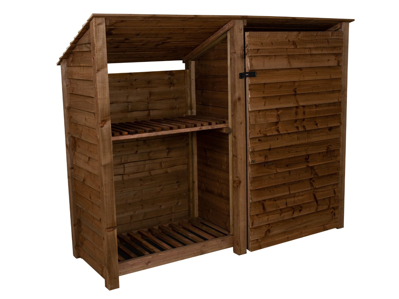 Wooden Garden Tool Storage (Roof Sloping Back) with Shelf W-227cm, H-126cm or 180cm, D-88cm - Brown Finish