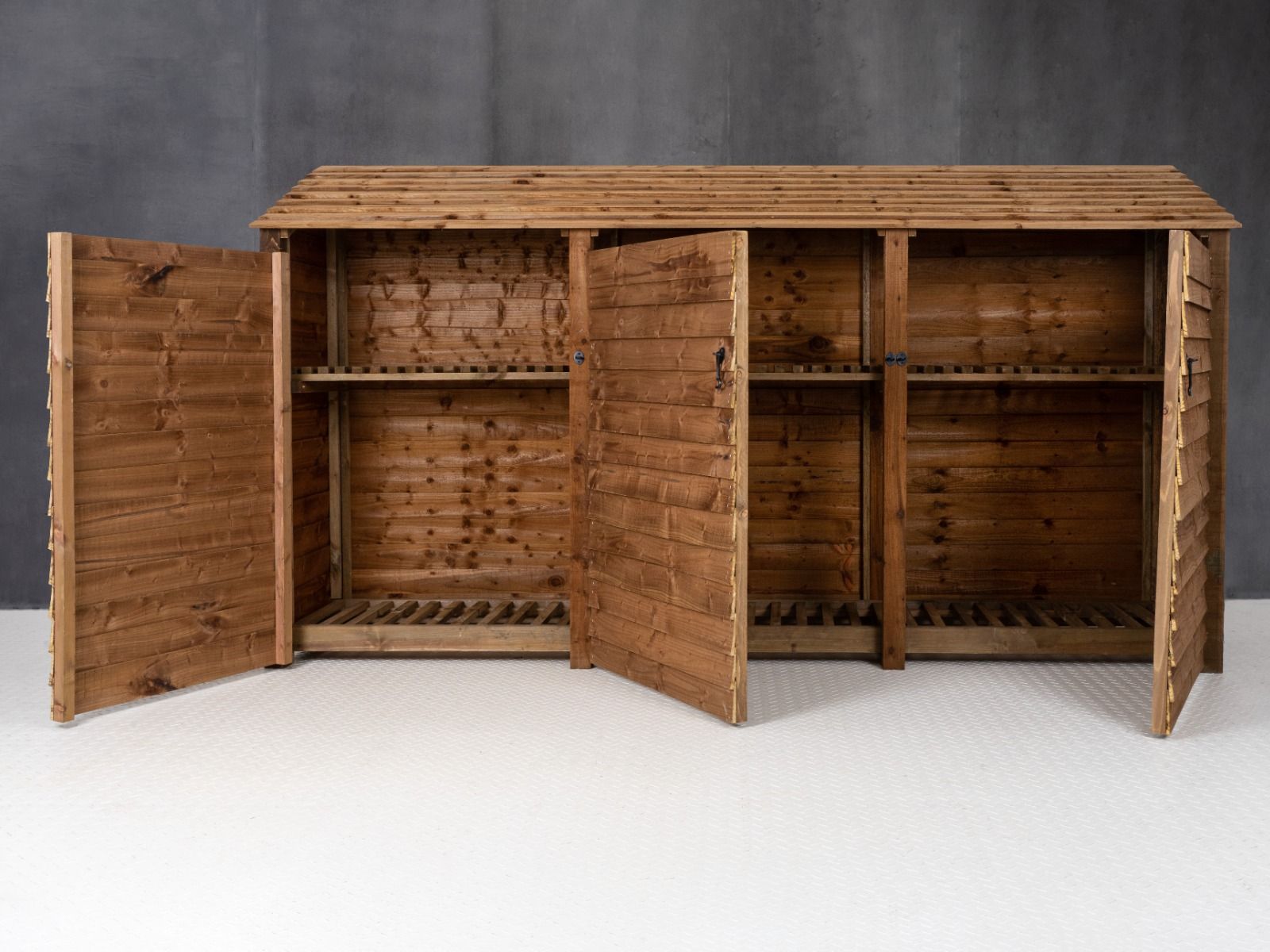 Wooden Log Store with Doors and Shelf W-335cm, H-126cm or 180cm, D-88cm - Brown Finish