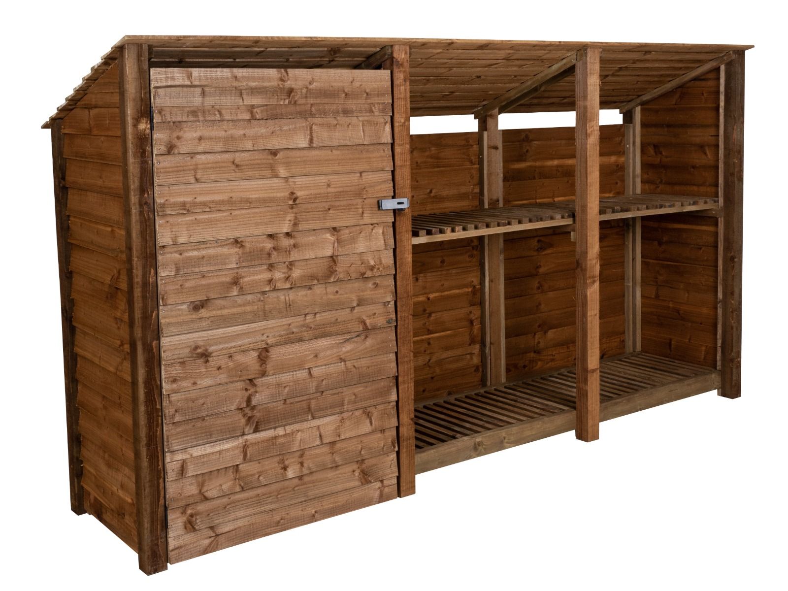Wooden Garden Tool Storage (Roof Sloping Back) with Shelf W-335cm, H-126cm or 180cm, D-88cm - Brown Finish