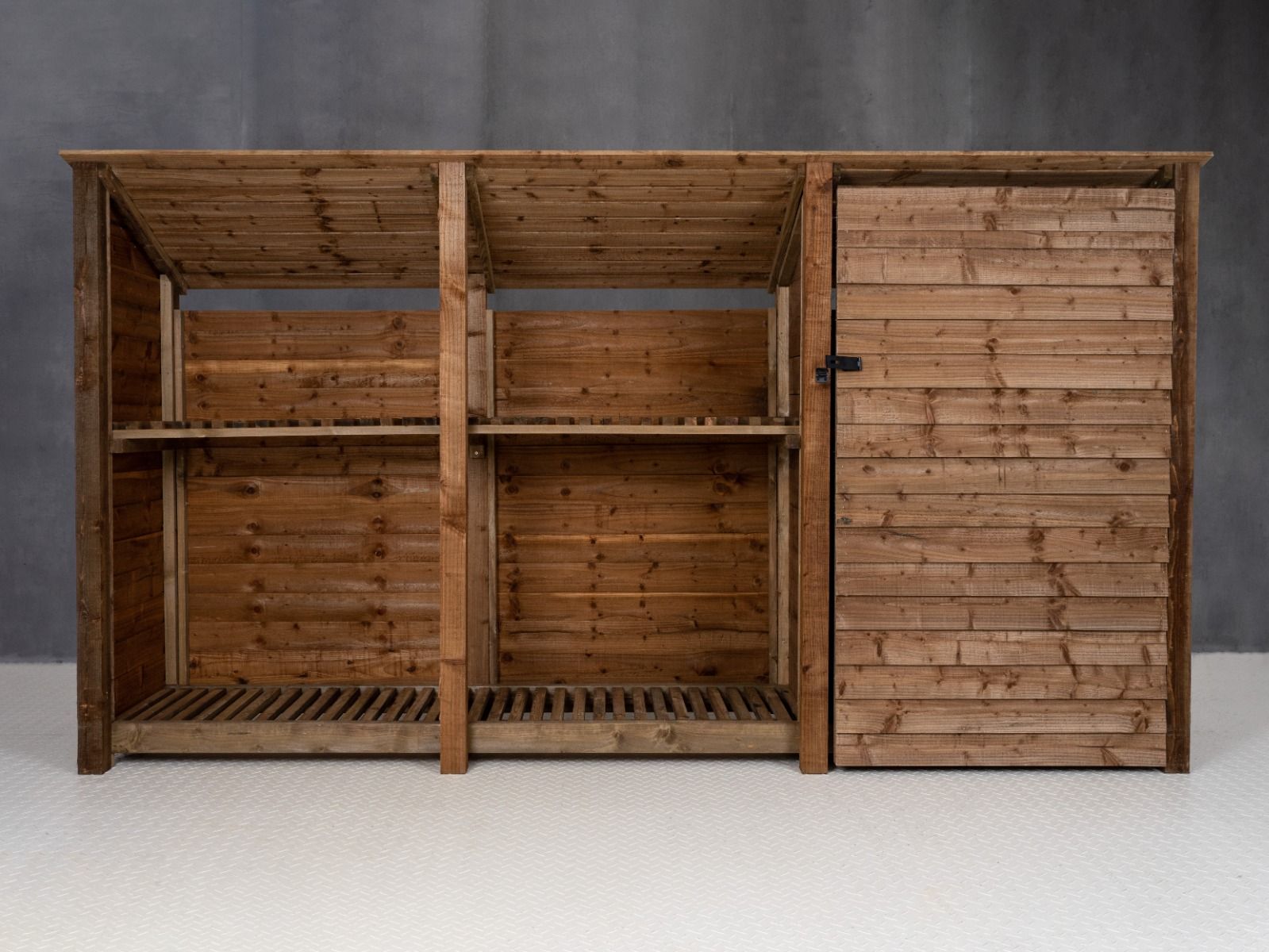 Wooden Garden Tool Storage (Roof Sloping Back) with Shelf W-335cm, H-126cm or 180cm, D-88cm - Brown Finish