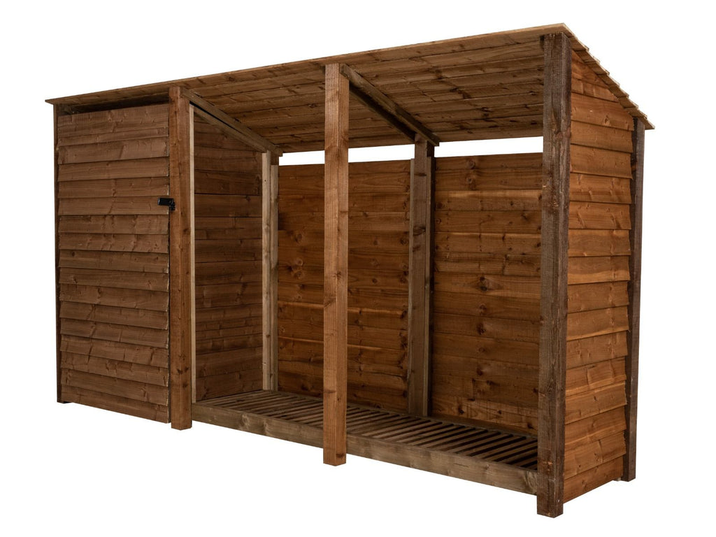 Wooden Garden Tool Storage (Roof Sloping Back) W-335cm, H-126cm or 180cm, D-88cm - Brown Finish