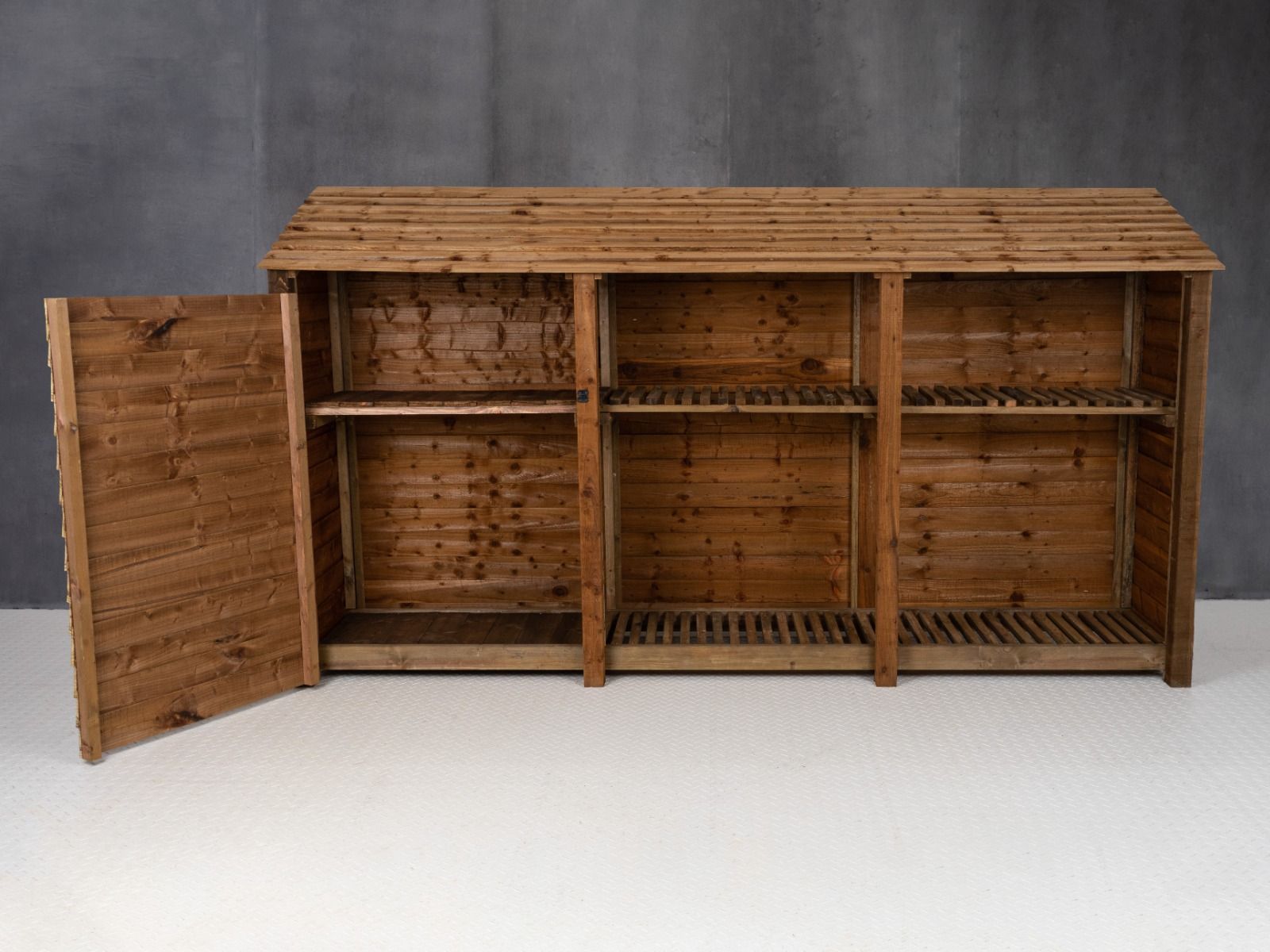Wooden Garden Tool Storage with Shelf W-335cm, H-126cm or 180cm, D-88cm - Brown Finish