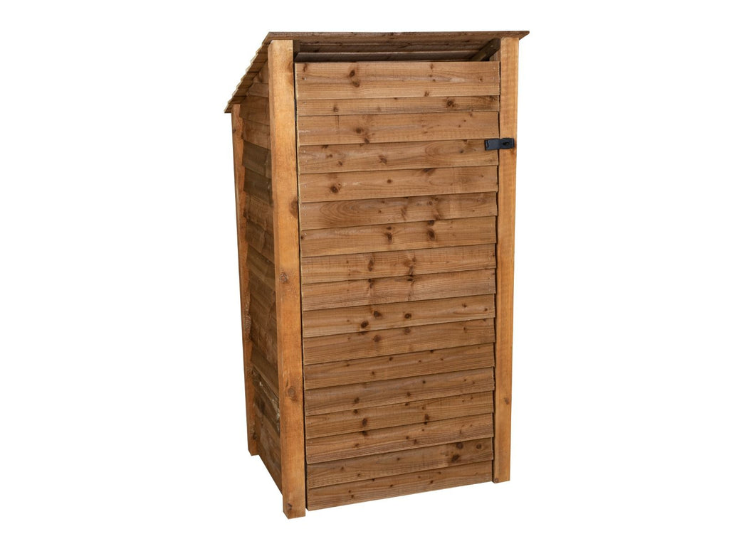 Wooden Garden Tool Storage with Shelf (Roof Sloping Back) W-99cm, H-126cm or 180cm, D-88cm - Brown Finish