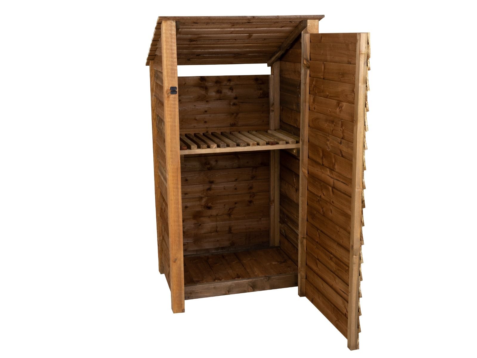 Wooden Garden Tool Storage with Shelf (Roof Sloping Back) W-99cm, H-126cm or 180cm, D-88cm - Brown Finish