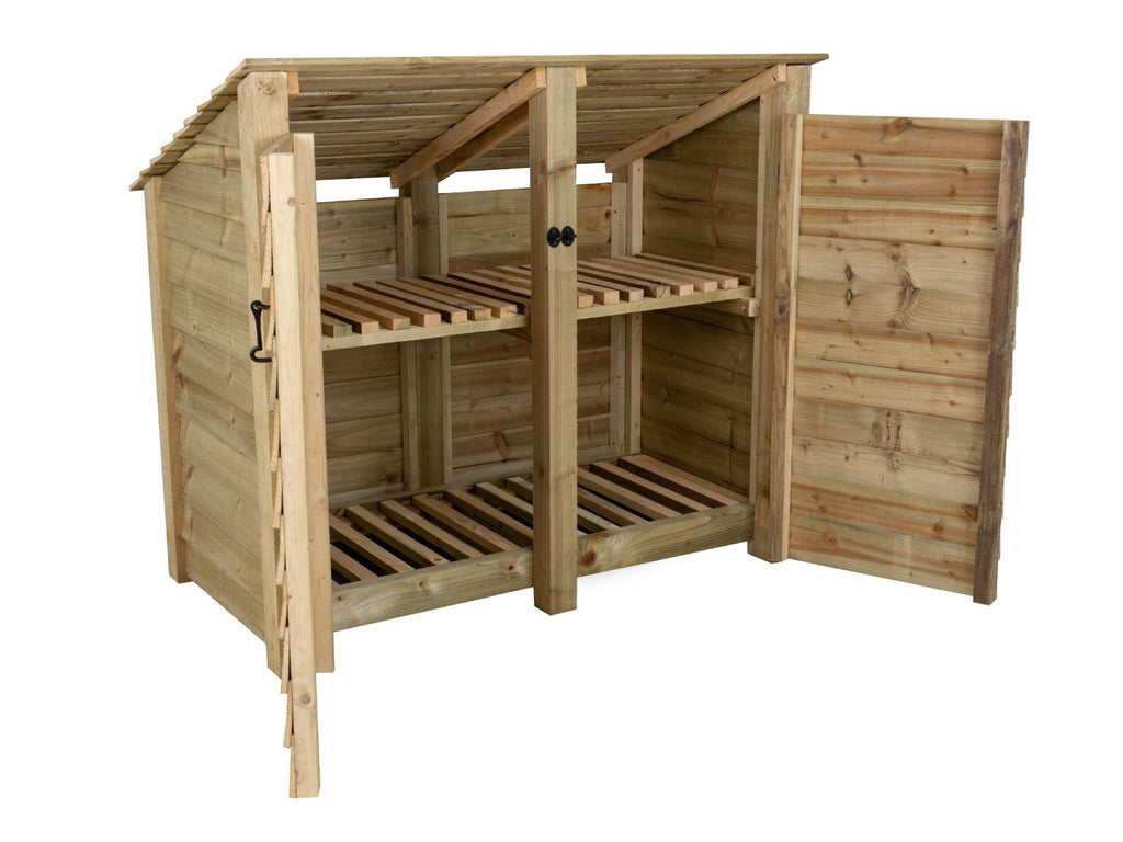 Wooden Log Store (Roof Sloping Back) with Door and Shelf W-146cm, H-126cm or 180cm, D-88cm
